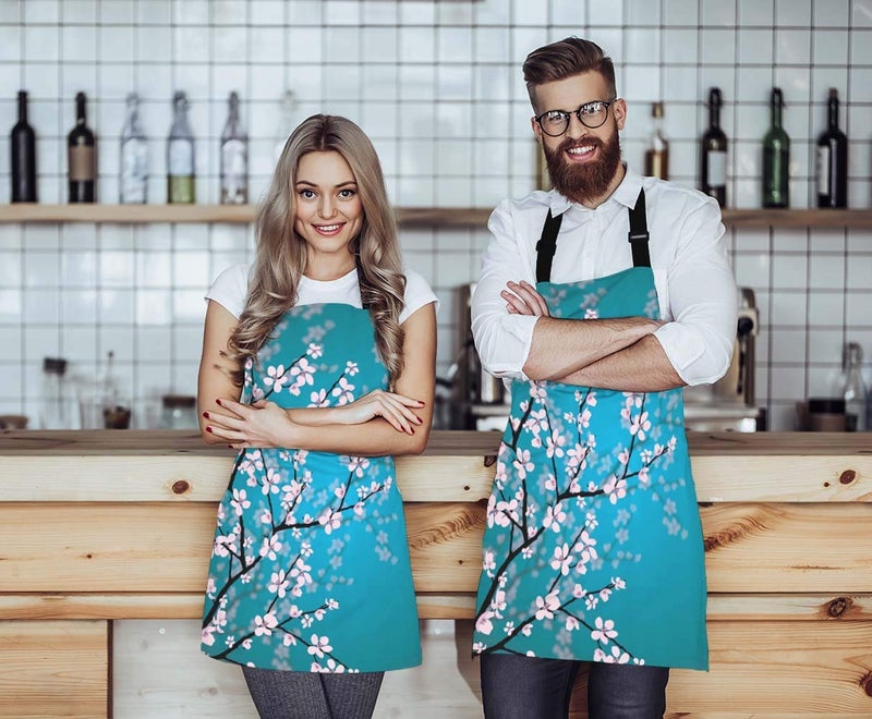 WONDERTIFY Plum Blossom Apron,Pink Flowers Reflected in Water Blue Bib Apron with Adjustable Neck for Men Women,Suitable for Home Kitchen Cooking Waitress Chef Grill Bistro Baking BBQ Artist Apron - Image 2